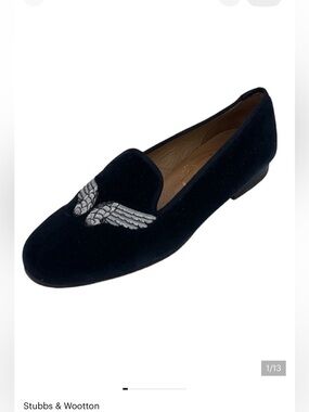 Stubbs and Wootton Silver Wing Velvet Navy Slippers Size 7.5